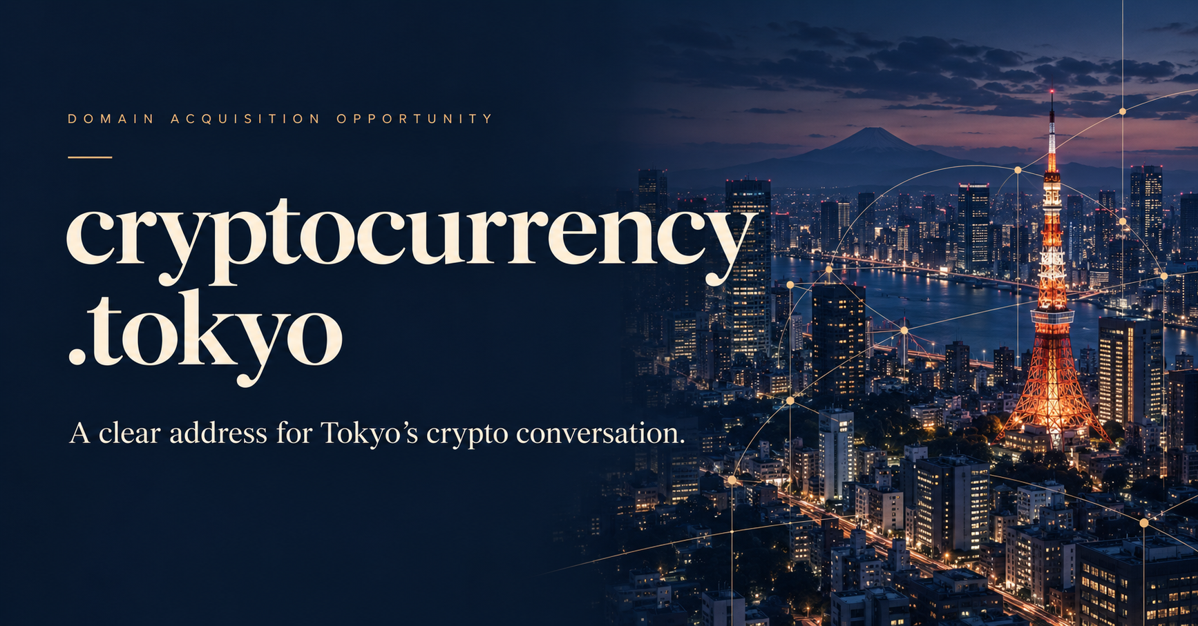 Original editorial illustration of the Tokyo skyline with cryptocurrency.tokyo and its acquisition message